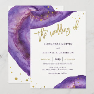 Convites Casamento de Roxo e Geodo Dourado com Aquarela
