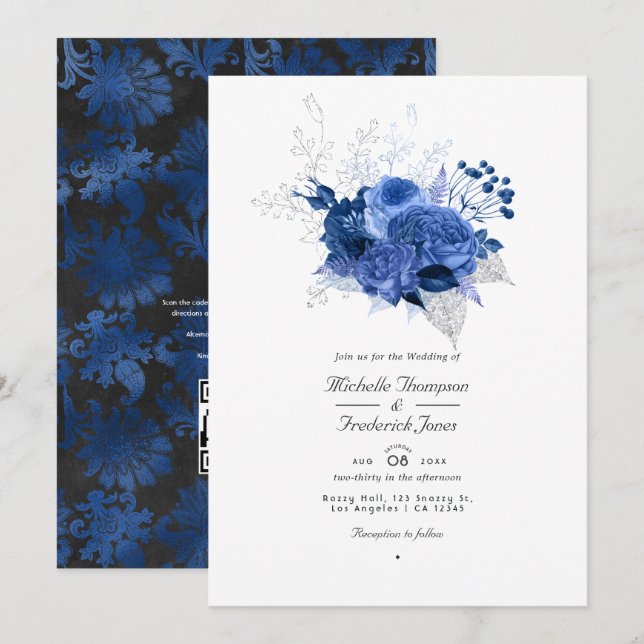 Convites Casamento de RSVP com Código QR Floral Azul Real e (Frente/Verso)