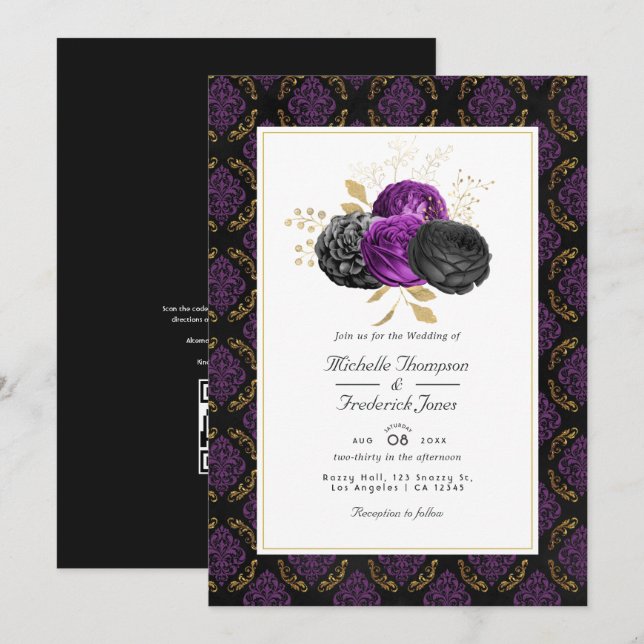 Convites Casamento de RSVP com Código QR Floral Gótico Vint (Frente/Verso)