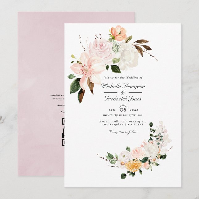 Convites Casamento de RSVP com Código QR Floral Rosa Pastel (Frente/Verso)