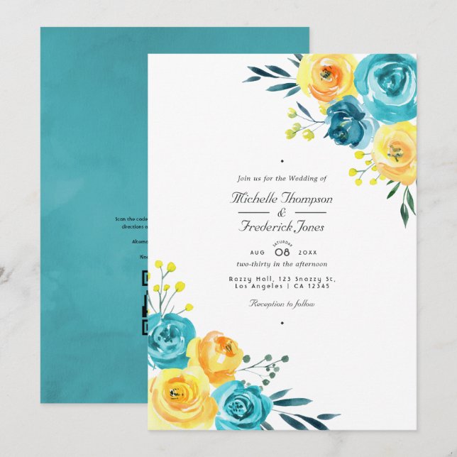 Convites Casamento de RSVP com Código QR Floral Turquesa e  (Frente/Verso)