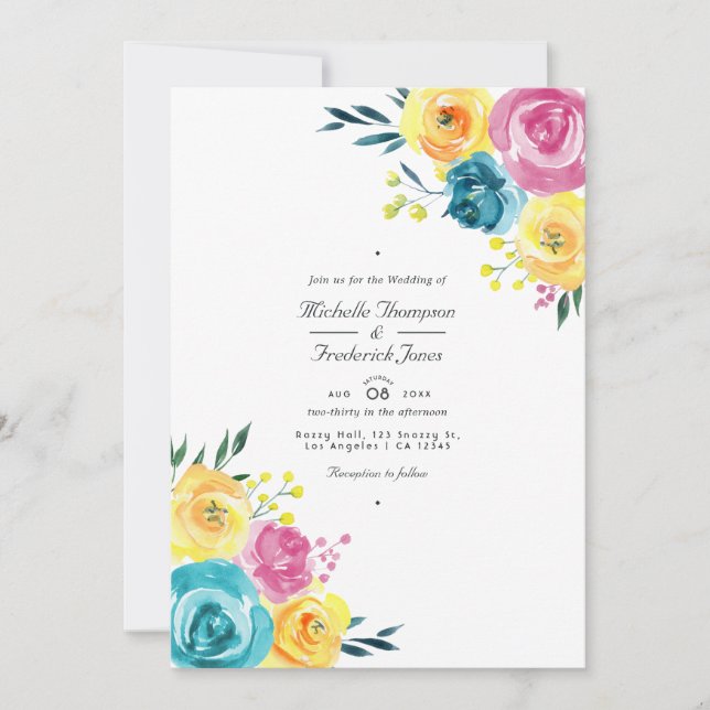 Convites Casamento de RSVP com Código QR Floral Turquesa e  (Frente)