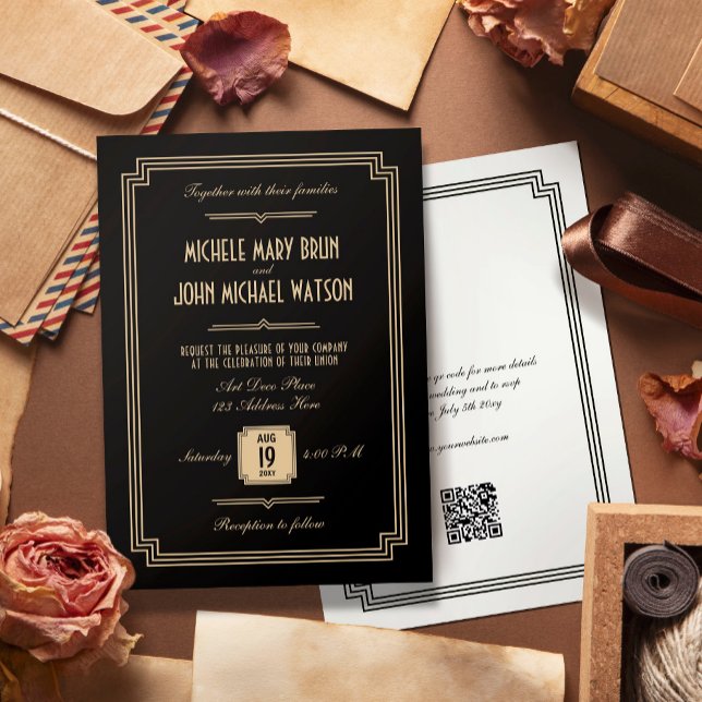 Convites Casamento de RSVP de Arte Negra Retroativa Deco QR (Criador carregado)