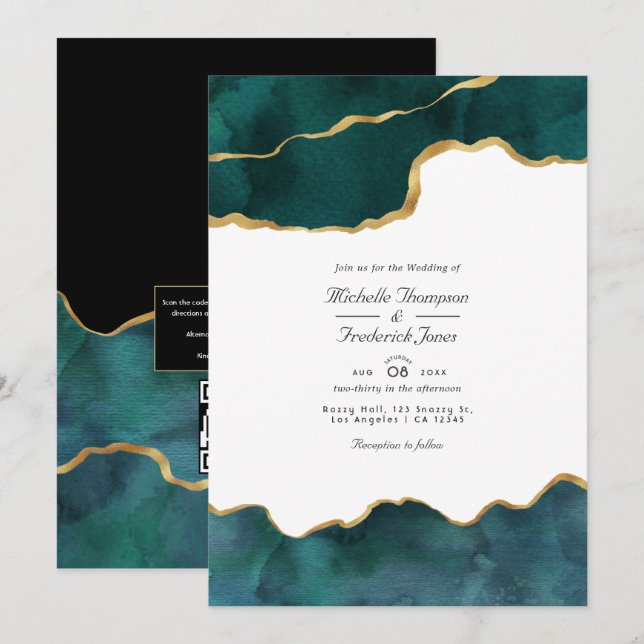 Convites Casamento de RSVP de Código QR de Ágata Geodo Teal (Frente/Verso)