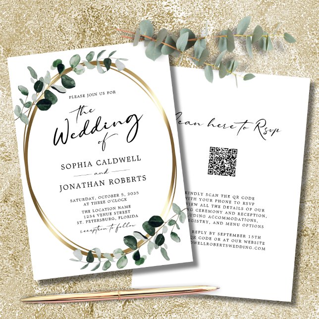 Convites Casamento de RSVP de Código QR de Caligrafia Eucal (WeddingInvitation-QRCodeRSVP-EuclyptusGoldOvalWhite)