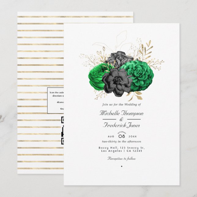 Convites Casamento de RSVP de Código QR Floral Esmeralda Es (Frente/Verso)