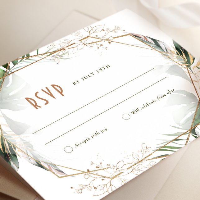 Convites Casamento de RSVP Monstera Inserir Verde e Dourado (Criador carregado)