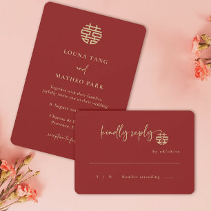Convites Casamento de RSVP Vermelho Chinês Moderno e Minima