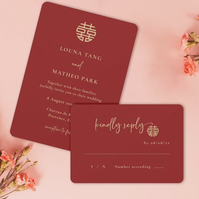 Convites Casamento de RSVP Vermelho Chinês Moderno e Minima (Criador carregado)