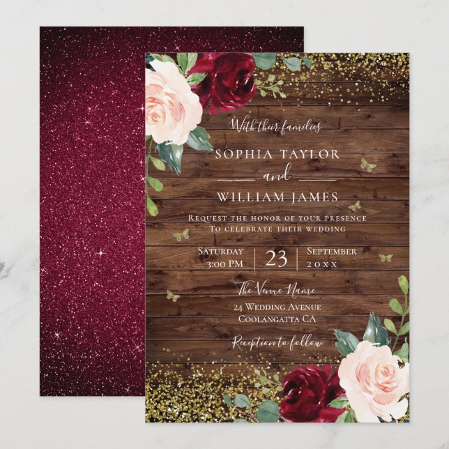Convites Casamento de Rua Floral Magical Blush & Burgundy (Frente/Verso)