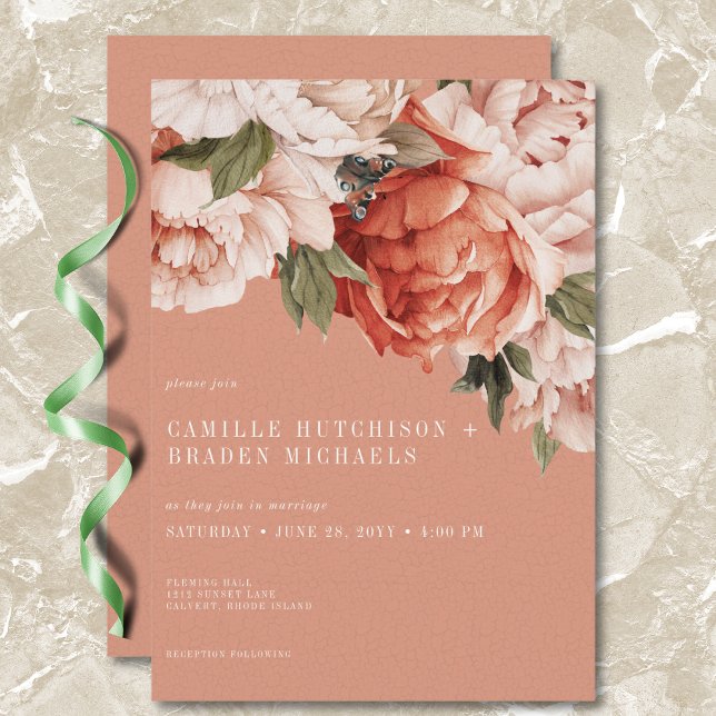 Convites Casamento de Rust Rustic & Peach Peonies Vintage (Vintage Rustic Rust & Peach Peonies Wedding Invitation)
