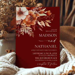 Convites Casamento de Rusty Burgundy Brown Floral Flower