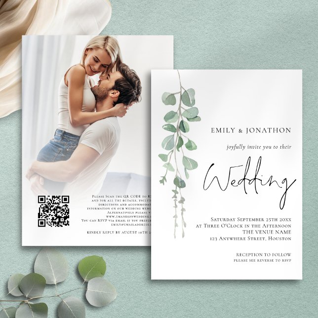 Convites Casamento de Sage com Imagens do Eucalyptus Modern (Front and back view)