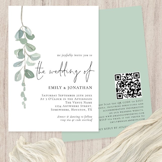 Convites Casamento de Sage do Código QR Eucalyptus com Aqua (Criador carregado)