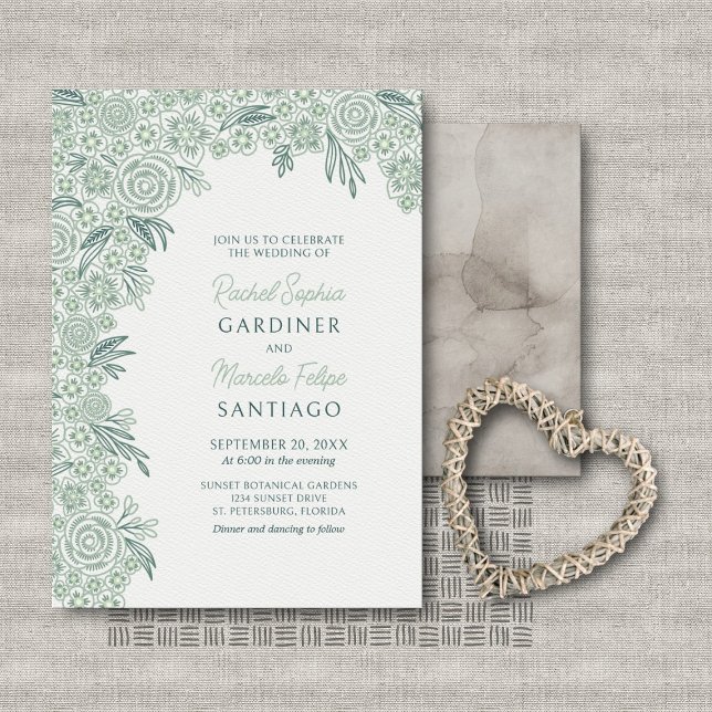 Convites Casamento de Sage Emerald Green Floral (Criador carregado)