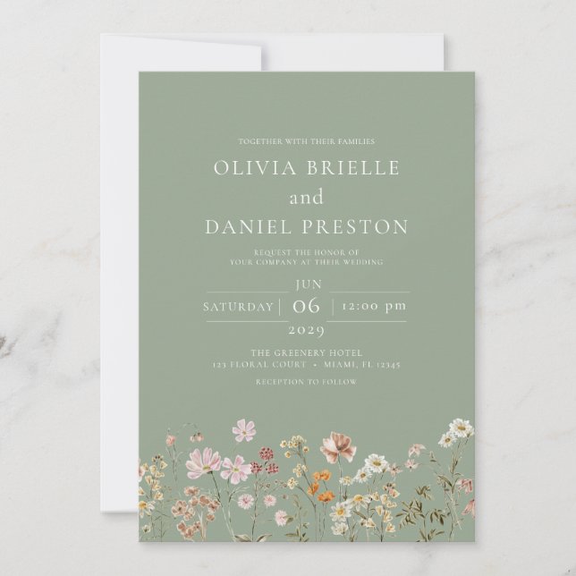 Convites Casamento de Sage Green Boho Wildflower (Frente)
