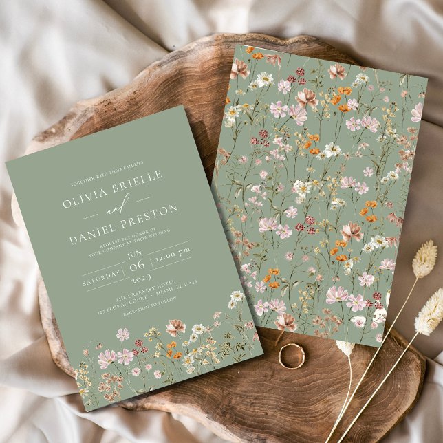 Convites Casamento de Sage Green Boho Wildflower (Criador carregado)