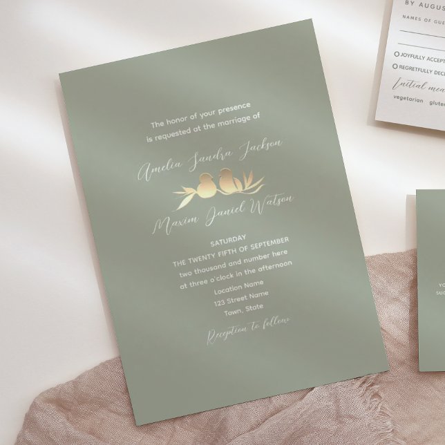 Convites Casamento de Sage Green Dourado Lovebird (Criador carregado)