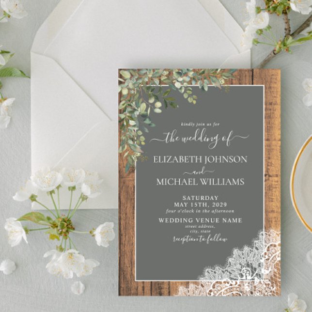 Convites Casamento de Sage Green Eucalyptus Wood Lace (Criador carregado)