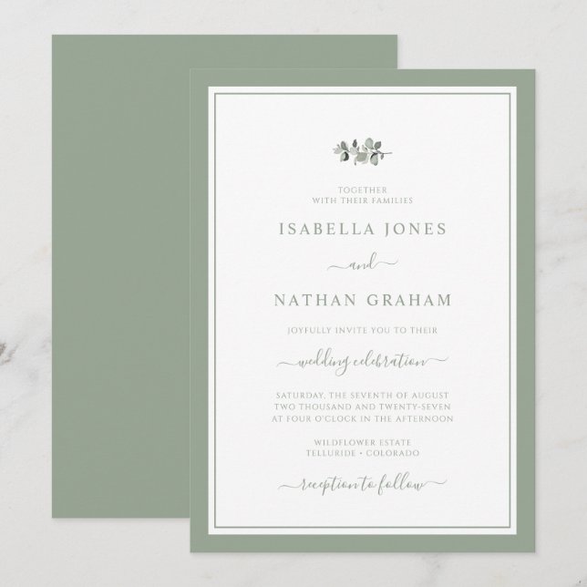 Convites Casamento De Sage Minimalista Elegante Moderno Inv (Frente/Verso)