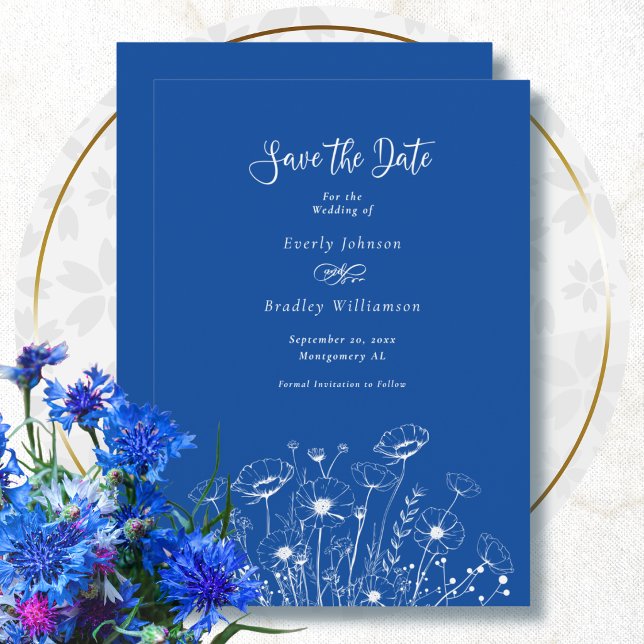 Convites Casamento de Salvar a Data Floral Branco Azul Coba (Criador carregado)