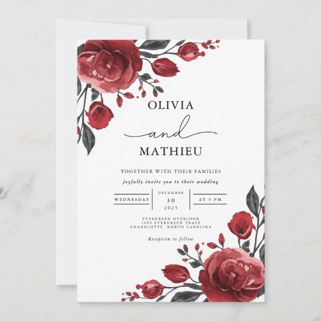 Convites Casamento de Sangue de Rosa vermelha Profunda (Frente)