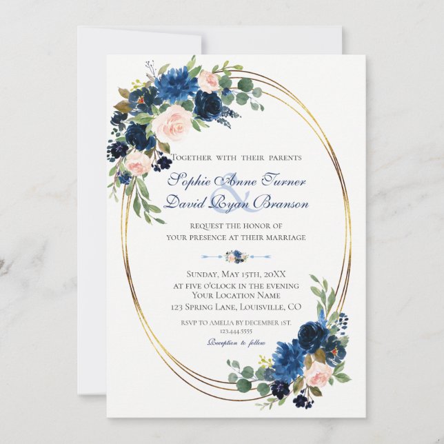 Convites Casamento de Sangue Floral Azul Marinho Blush (Frente)
