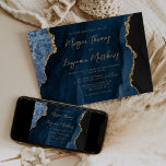 Convites Casamento de Script Agate Dourado Azul marinho<br><div class="desc">Este elegante convite de casamento moderno apresenta uma marinho azul de aquarela agata de fundo,  aparada com falso brilho dourado. O texto personalizável combina um script moderno de cor dourada,  fontes copperplate e itálico. O verso apresenta um design azul-marinho e um agate-ouro correspondentes.</div>