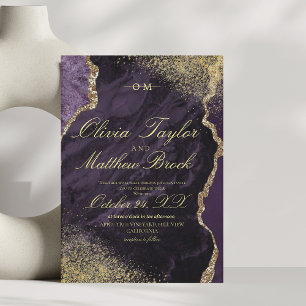 Convites Casamento de Script Agate Dourado Roxo Elegante Mo