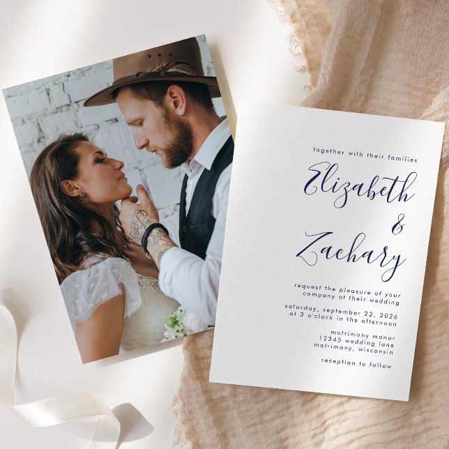 Convites Casamento de Script Azul com Marinho de Foto Minim (Criador carregado)