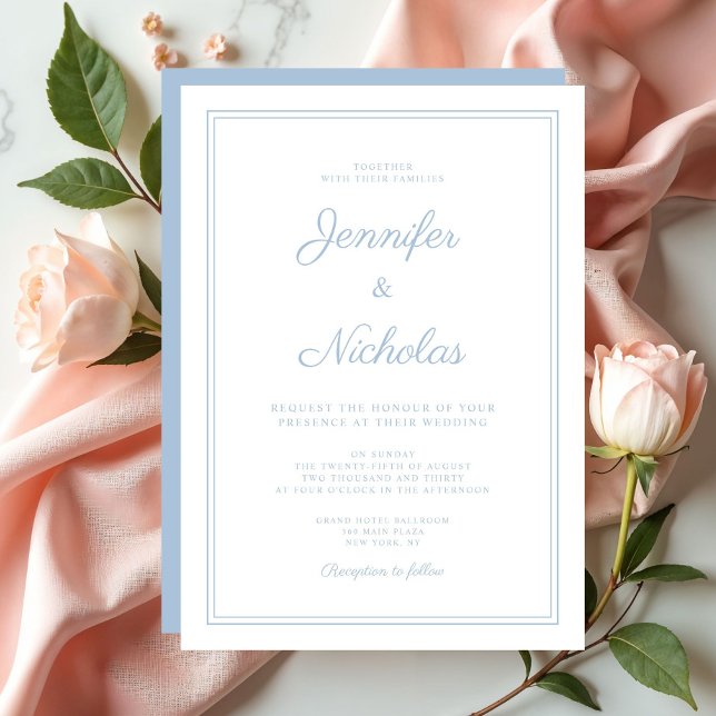 Convites Casamento de Script Azul em Pó Moderno Elegante (Elegant Modern Powder Blue Script Wedding Invitation)