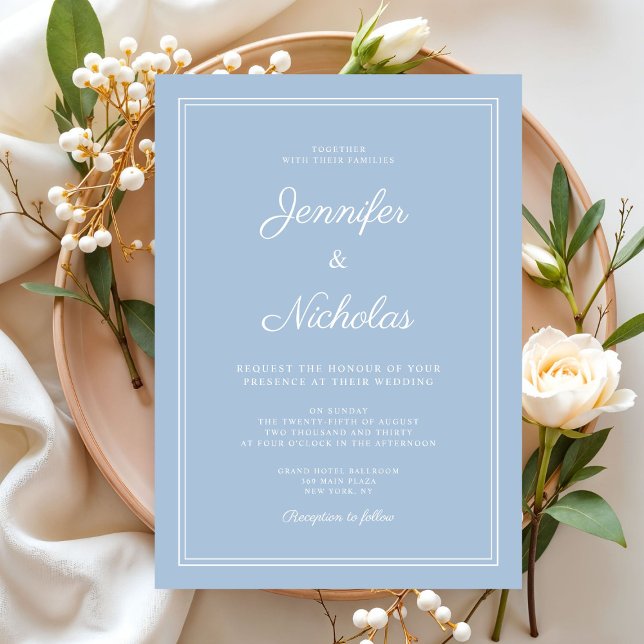 Convites Casamento de Script Azul em Pó Moderno Elegante (Elegant Modern Powder Blue Script Wedding Invitation)