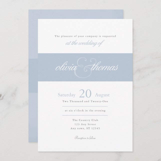 Convites Casamento de Script Azul Simples e Elegante Modern (Frente/Verso)