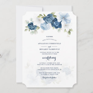 Convites Casamento de Script Botânico Floral Azul Dusty