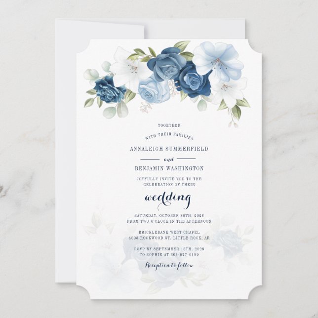 Convites Casamento de Script Botânico Floral Azul Dusty (Frente)