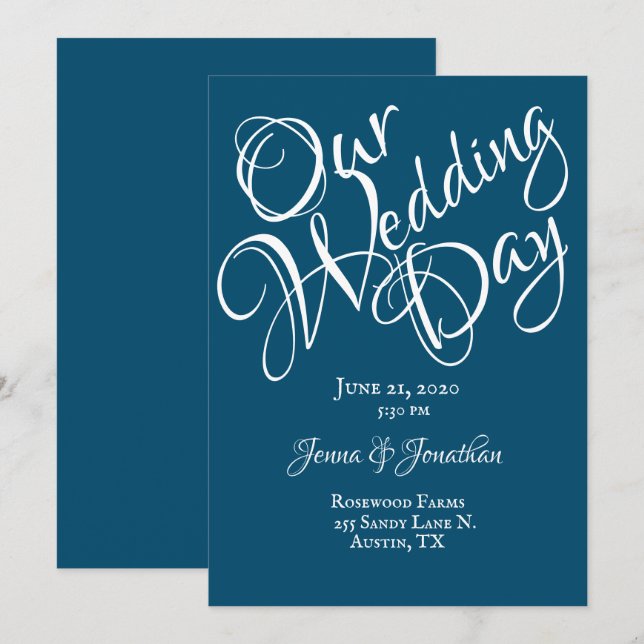 Convites Casamento de Script Branco Azul (Frente/Verso)
