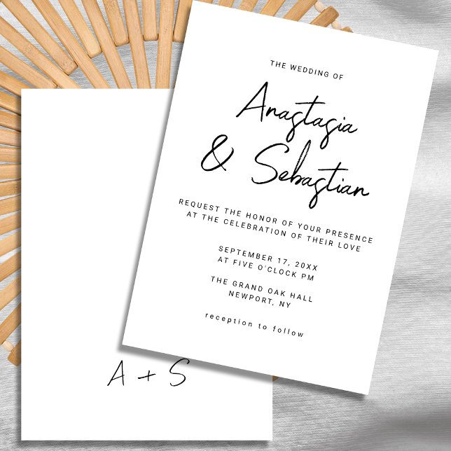 Convites Casamento de Script Branco e Preto Elegante Modern (Modern Elegant Black & White Script Wedding Invitation)