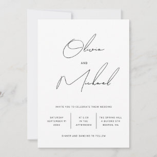 Convites Casamento de Script Branco e Preto Minimalista + Q
