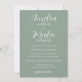 Convites Casamento de Script Branco Minimalista Verde Sage