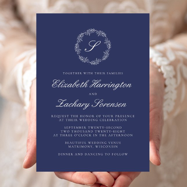 Convites Casamento de Script Branco Monograma Azul marinho  (Criador carregado)