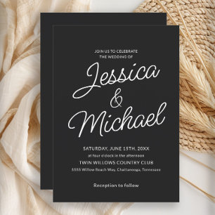 Convites Casamento de Script Branco Negro Moderno