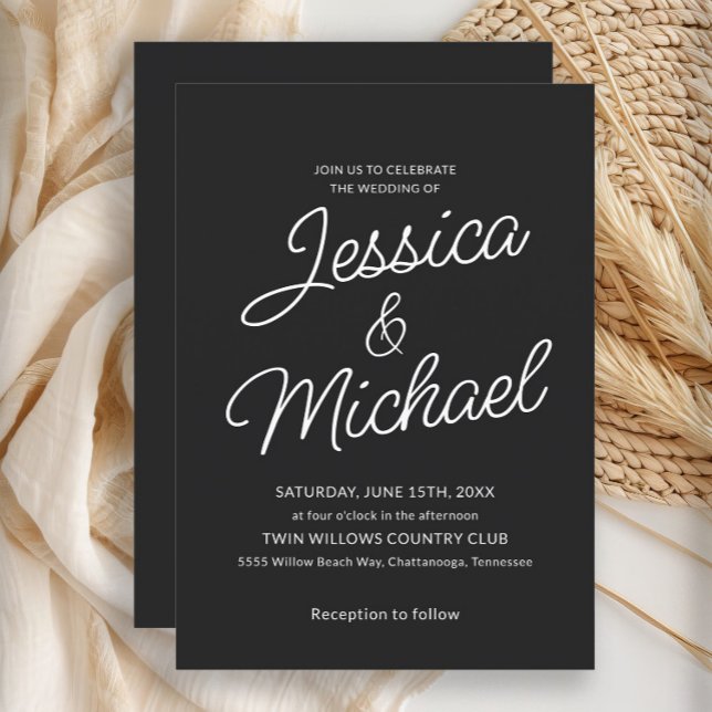 Convites Casamento de Script Branco Negro Moderno (Black and white wedding invitation)