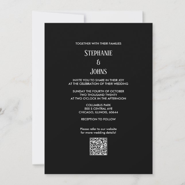 Convites Casamento de Script Branco Preto com Código QR Min (Frente)