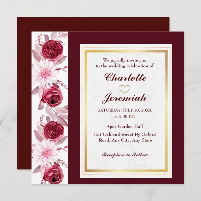Convites Casamento de Script Brilhante Rosa Dourado Floral (Frente/Verso)