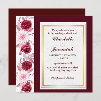 Convites Casamento de Script Brilhante Rosa Dourado Floral