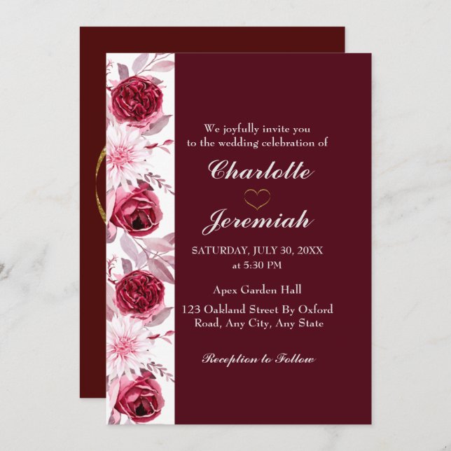 Convites Casamento de Script Burgundy Rosa Rosa Blush Elega (Frente/Verso)