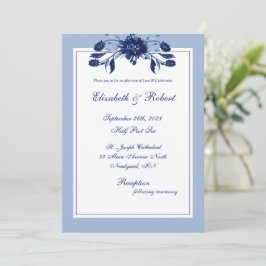 Convites Casamento de Script Chic Floral Azul Elegante