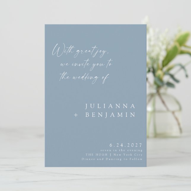 Convites Casamento de Script Chic Minimalista Azul Elegante (Em pé/Frente)