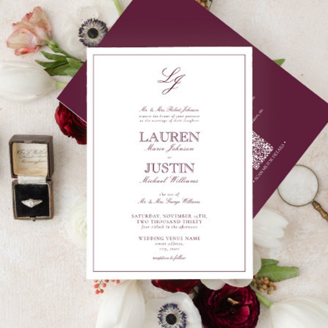 Convites Casamento de Script Clássico de Borgonha com Códig (Criador carregado)