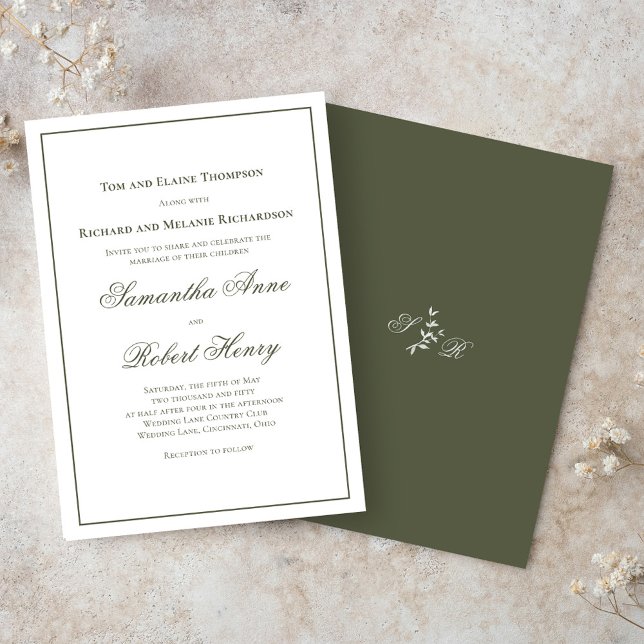 Convites Casamento de Script Clássico de Caligrafia Verde (Classic green elegant wedding invitations. )